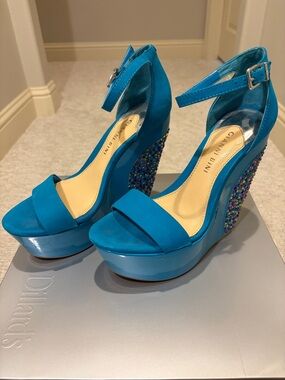 Gianni Bini Vibrant Teal Platform Wedge Sandals with Embellished Heel